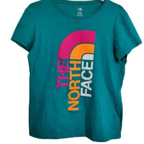 The North Face Teal Short Sleeve Colorful Half Dome Logo Tee NWOT sz XL - Picture 3 of 11